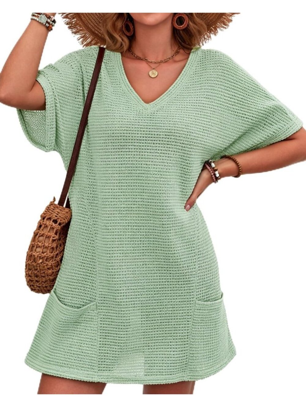 Women's Green Polyester V Neck Coverup Swimwear Bathing Suit Crochet Cover Up